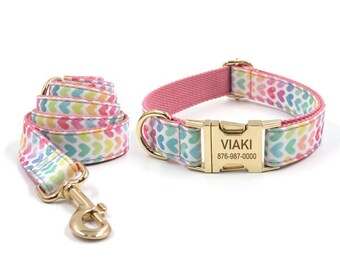 Dog collar with colorful heart-printed, Dog collar with name, Dog collar with bow, personalized collar.