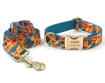 Personalized Dog Collar and Harness, Collar with bowtie, Dog Collar with Name Engraved, Floral Collar