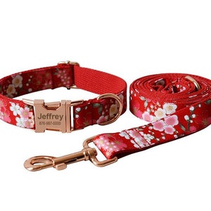 Personalized Dog Collar, Red Floral Collar, Dog Collar and Leash, Collar with bowtie, Dog Collar with Name Engraved