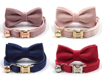 Cat Collar with Name, Bell, Bow, Velvet Cat Collar, Free Engraving.