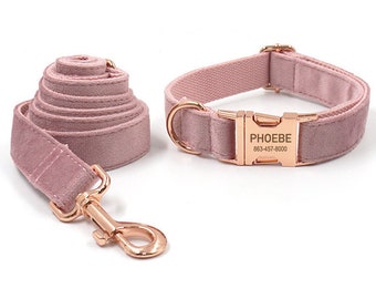 Dusty pink velvet Collar, Dog Collar and Leash, Collar with bowtie, Dog Collar with Name Engraved