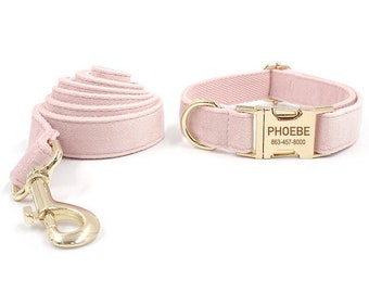 Personalized Dog Collar, Light pink velvet Collar, Dog Collar and Leash, Collar with bowtie, Dog Collar with Name Engraved