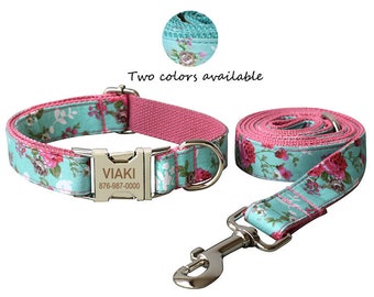 Collar de perro con nombre grabado, collar floral verde, collar y correa de perro, collar con flor