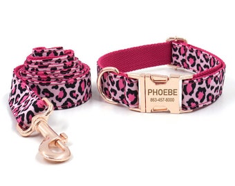 May include: Pink and black leopard print dog collar and leash set with a gold-tone buckle and a personalized name tag that reads "PHOEBE 863-457-8000".