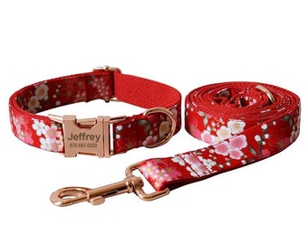 Personalized Dog Collar, Red Floral Collar, Dog Collar and Leash, Collar with bowtie, Dog Collar with Name Engraved