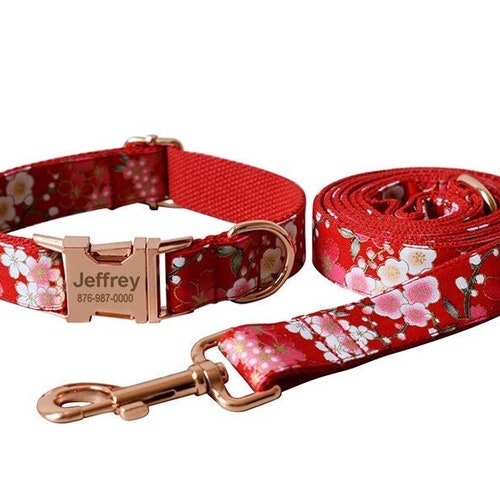 Dog Collar With Name Engraved Green Floral Collar Dog Collar Etsy