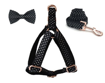 Juego de arnés y correa para perros, lunares amarillos, negros y rojos Arnés para perros con nombre, Arnés para perros.