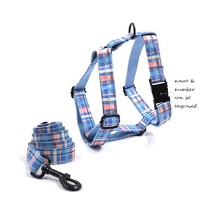 Personalized dog Harness and Leash Set, Plaid Pattern, Harness with Name, Bow.