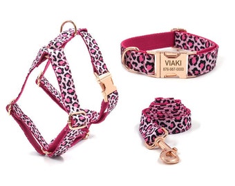 Leopard print Harness and Collar, Personalized Harness and Collar, Dog Harness with Name.