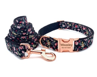 Dog Collar and Leash, Black Floral Collar, Collar with bowtie, Personalized Dog Collar, Dog Collar with Name Engraved