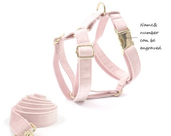 Dog harness personalized, dog harness with name, Light Pink and Creamy White Velvet dog harness and leash.