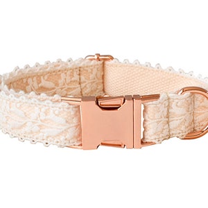 May include: A light pink dog collar with a white lace trim and a rose gold buckle.