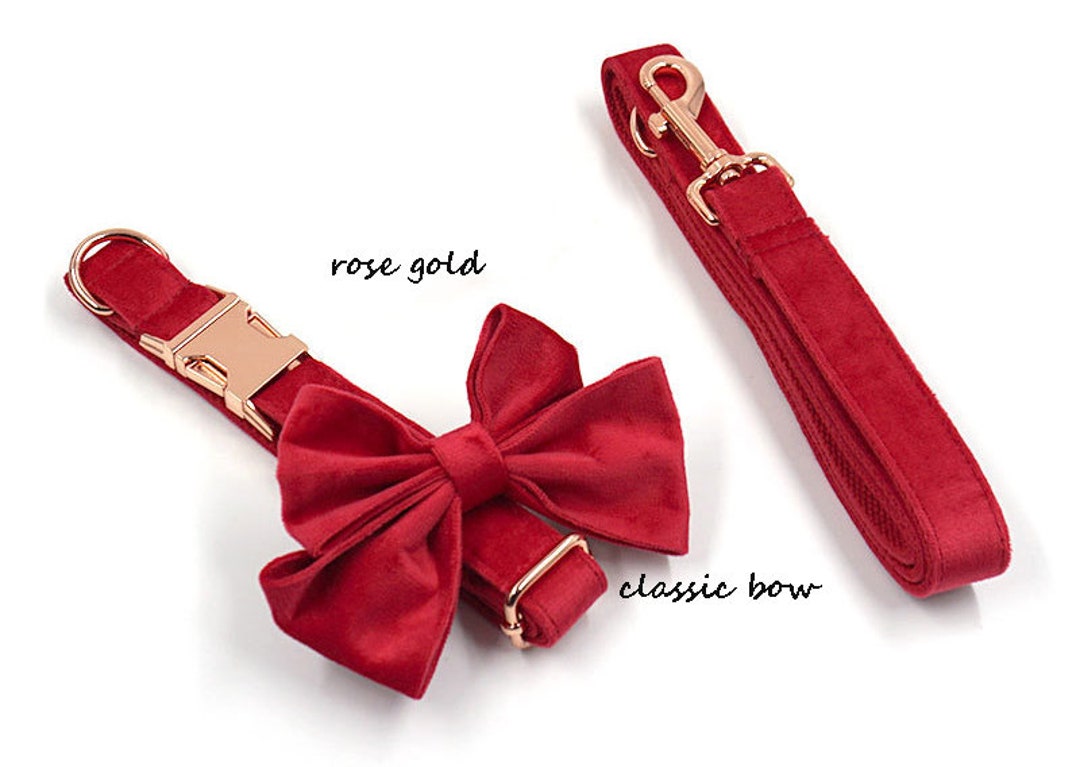 Red Velvet Dog Collar and Leash, Collar With Bowtie, Personalized Dog Collar, Dog Collar With