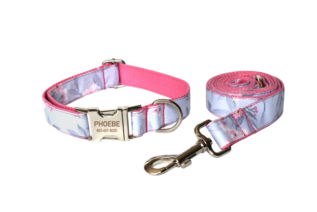 Dog Collar and Leash, Pink and Gray Floral Collar, Collar With Bowtie