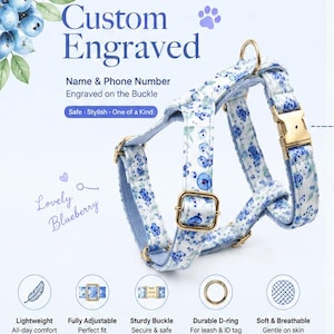 Hondentuigje met riem, Halsband met naam, Set van halsband en riem, Halsband met strik, Print met bosbessen.