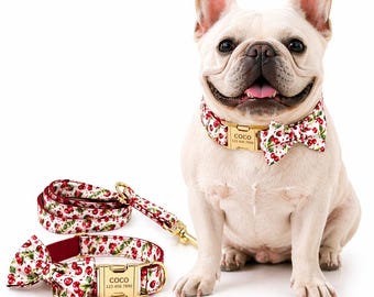 Personalized Dog Collar with Bow, Colorful Fruit Pattern Collar, Custom Name Pet Collar, Cherry Peach Lemon Blueberry, Girl and boy Gift