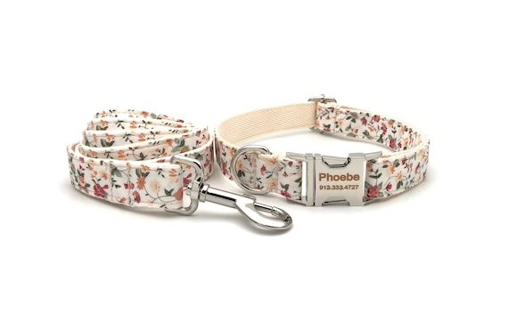 Personalized Dog Collar, Dog Collar and Leash, Floral Pattern, Dog Collar with Name Engraved, Collar for Girl and Boy