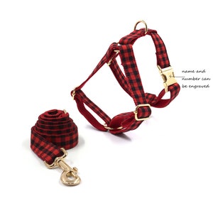 Personalized dog Harness and Leash Set, Plaid Pattern, Harness with Name, Bow.