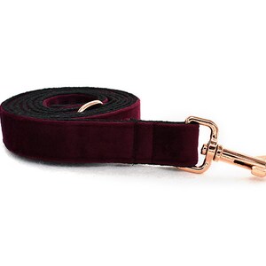May include: Burgundy velvet dog leash with a rose gold metal clasp.