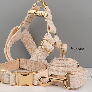 May include: A set of dog accessories in a delicate cream colour with gold hardware. The set includes a collar, harness, and leash, all featuring a lace design.