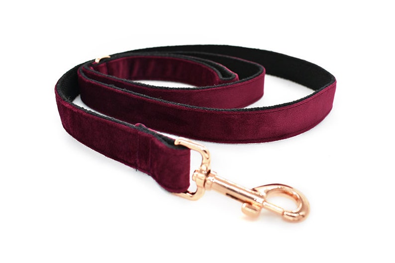May include: A burgundy velvet dog leash with a rose gold hook.