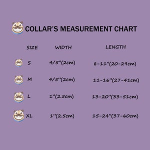 May include: Collar size chart with a cartoon pug illustration. The chart shows collar sizes in inches and centimeters, with corresponding neck measurements in inches and centimeters.