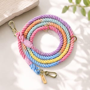 Personalized Cotton Rope Dog Leash, Hand Dyed Rainbow Leash, Custom Name Tag, Adjustable Hands Free Pet Lead, Soft Strong Puppy Walking Rope