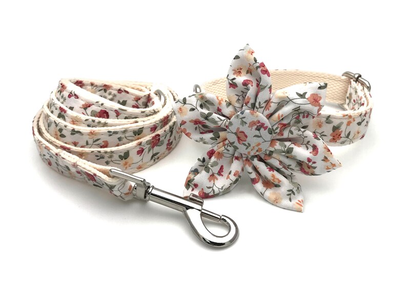 May include: A white floral dog collar and leash set with a matching flower bow tie. The collar and leash are made of a white canvas with a floral print. The bow tie is a large, white flower with a floral print.