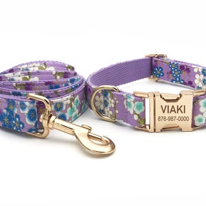 Personalized Dog Collar, Dog Collar and Leash, Collar with bowtie, Dog Collar with Name Engraved, Floral Collar