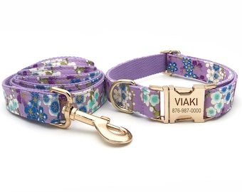 Personalized Dog Collar, Dog Collar and Leash, Collar with bowtie, Dog Collar with Name Engraved, Floral Collar
