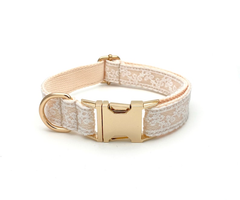 May include: A beige dog collar with a gold buckle and white embroidered floral pattern.