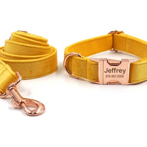 Personalized Dog Collar, Yellow Velvet Collar, Dog Collar and Leash, Collar with bowtie, Dog Collar with Name Engraved