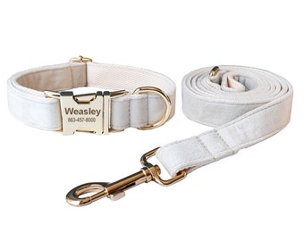 May include: A white dog collar and lead set with gold hardware. The collar has a personalised tag that reads "Weasley 863-457-8000".