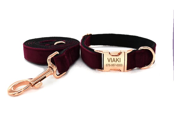 Personalized Dog Collar, Velvet Dog Collar and Leash, Collar with bowtie, Dog Collar with Name Engraved, Collar for Girl and Boy