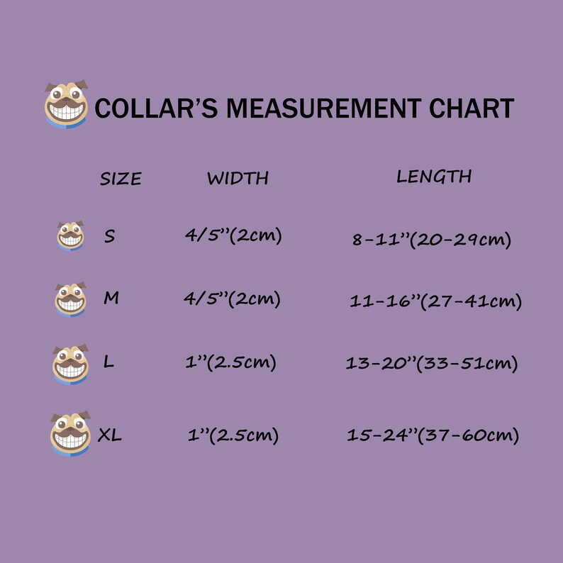 May include: Collar size chart with a cartoon pug illustration. The chart shows collar sizes in inches and centimeters, with corresponding neck measurements in inches and centimeters.