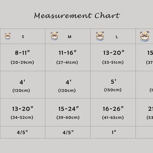 May include: A chart showing collar, leash, harness, and width measurements for dog harnesses in sizes S, M, L, and XL. Measurements are given in inches and centimetres.