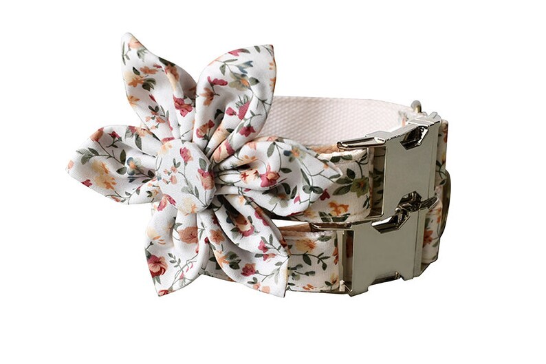 May include: A white dog collar with a floral pattern and a silver buckle. A matching floral bow is attached to the collar.