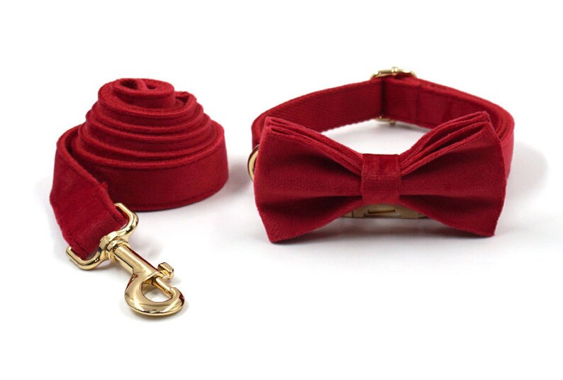 Red Velvet Dog Collar and Leash Collar With Bowtie Etsy