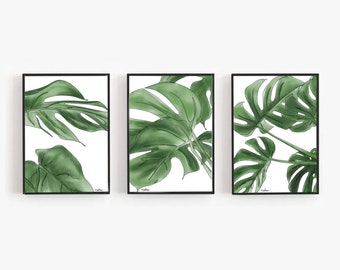 Ensemble de trois estampes végétales, 3 estampes d'art, botanique, vert, art numérique, affiche, papier A4