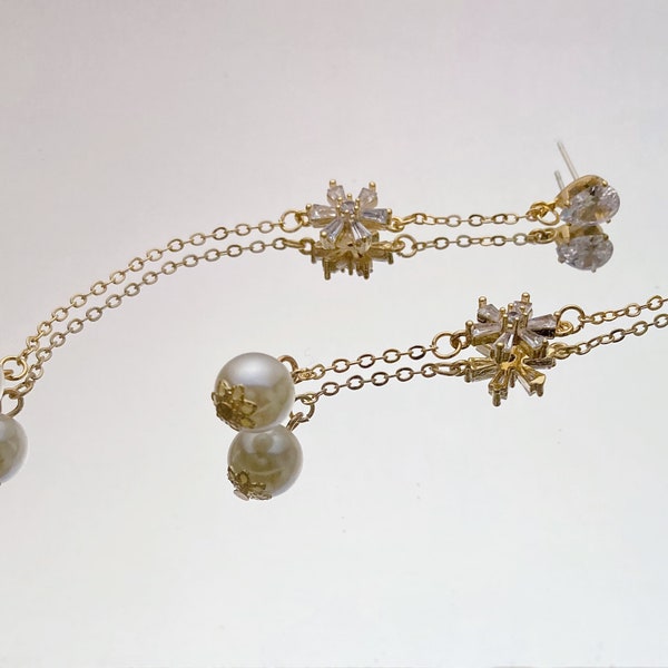 Asymmetric drop earrings - Crystal CZ flower and yellow pearl drop earrings - Korean earrings - Gold chain drop earrings