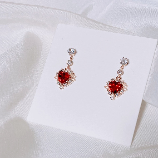 Cute Heart Dangle Earrings - Korean Style Earrings - Red Heart Crystal Earrings - Heart charm simple drop earrings
