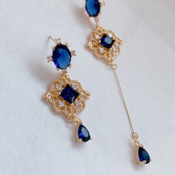 Asymmetric mismatched deep blue earrings - Navy crystal gem - Blue teardrop charm dangle - Gold lace long drop - Gift for her