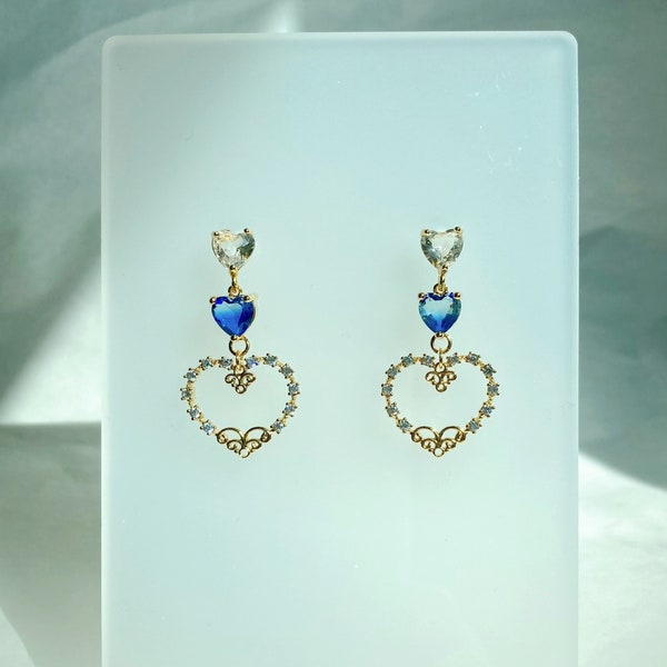 Cute Heart Dangle Earrings - Korean Style Earrings - Clear blue crystal Heart Crystal - Heart charm simple drop earrings