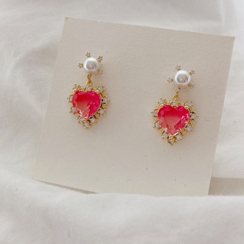 Cute Pink Heart Earrings Crystal Heart Dangle Earrings Etsy