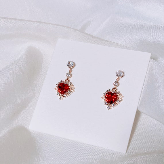 Cute Heart Dangle Earrings Korean Style Earrings Red Heart Crystal