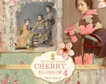 May include: A collage featuring Japanese-themed elements. It includes vintage photographs of women in kimonos, cherry blossom illustrations, and calligraphy. The text "CHERRY BLOSSOM 4 PRINTABLE" is displayed on a decorative label.