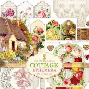 Efímera imprimible con temática de cabaña, efímera con temática de cabaña, efímera floral imprimible, rosa shabby digital, efímera shabby chic imprimible, vintage