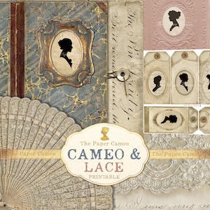 Journal CAMEO & DENTELLE imprimable, papier camée étiquettes-cadeau numérique, camée vintage imprimable, portrait camée antique, dentelle Journal imprimable