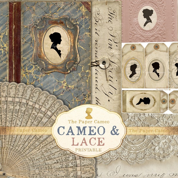 CAMEO & LACE Journal imprimible, Etiquetas de regalo de cameo de papel digital, Cameo vintage imprimible, Retrato de cameo antiguo, Diario de encaje imprimible