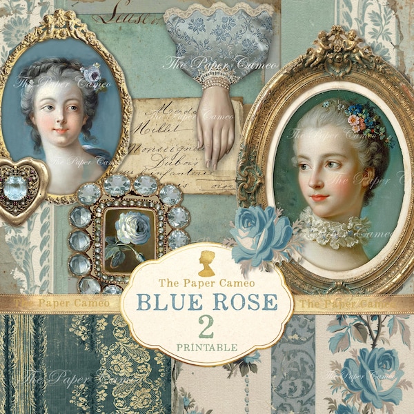 BLUE ROSE 2 Ephemera uitbreidingsset, Junk Journal met blauw thema, Digitale afbeelding in Marie Antoinette-stijl, Rococo print, Shabby Blue Rose digitale afbeelding